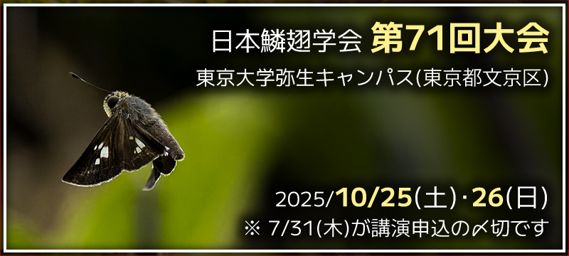 日本鱗翅学会 第71回大会(東京)　2025年10月25日の土曜日と26日の日曜日　7月31日が講演申込の〆切です。